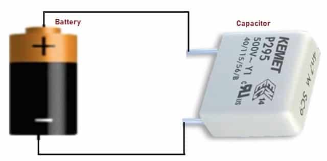 Capacitor connected to a battery