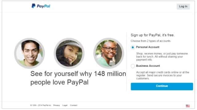 PayPal Sign up Page